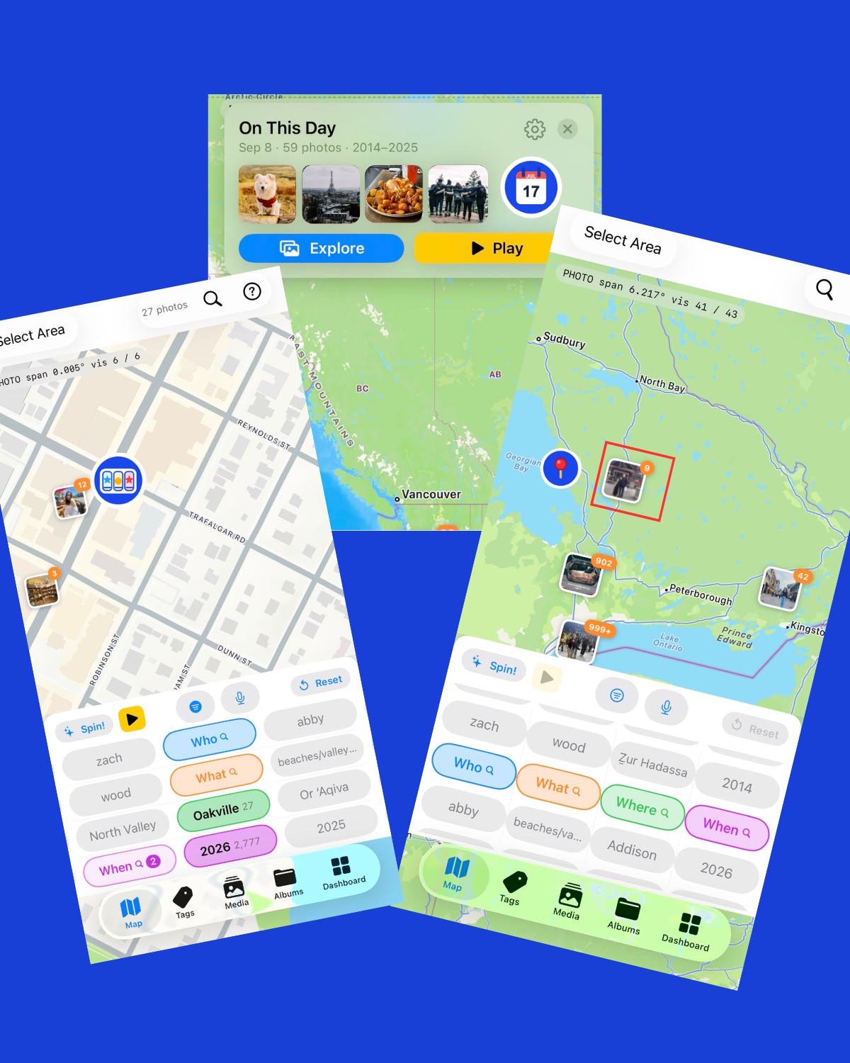 Findmmm On This Day, map, and Spin your Wheels views